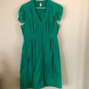ANTHROPOLGIE Green Button Shirt Dress Cap Sleeve L